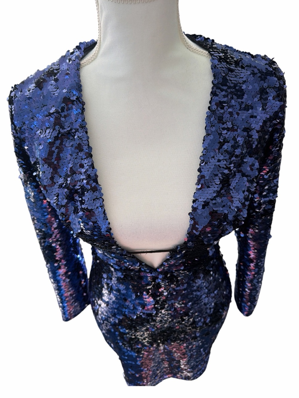 NWT ASOS Navy Sequin Plunge Neck Bodycon Mini Dress Long Sleeve US 2 - Picture 4 of 16